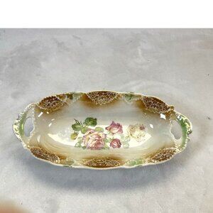 Antique German Transferware Porcelain Dish Candy Relish Trinket Pink Rose Floral